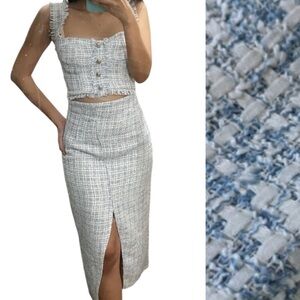 Zara NWT Structured Woven Tweed Two Piece Set (Top -L /  Skirt- XL )  Pale Blue